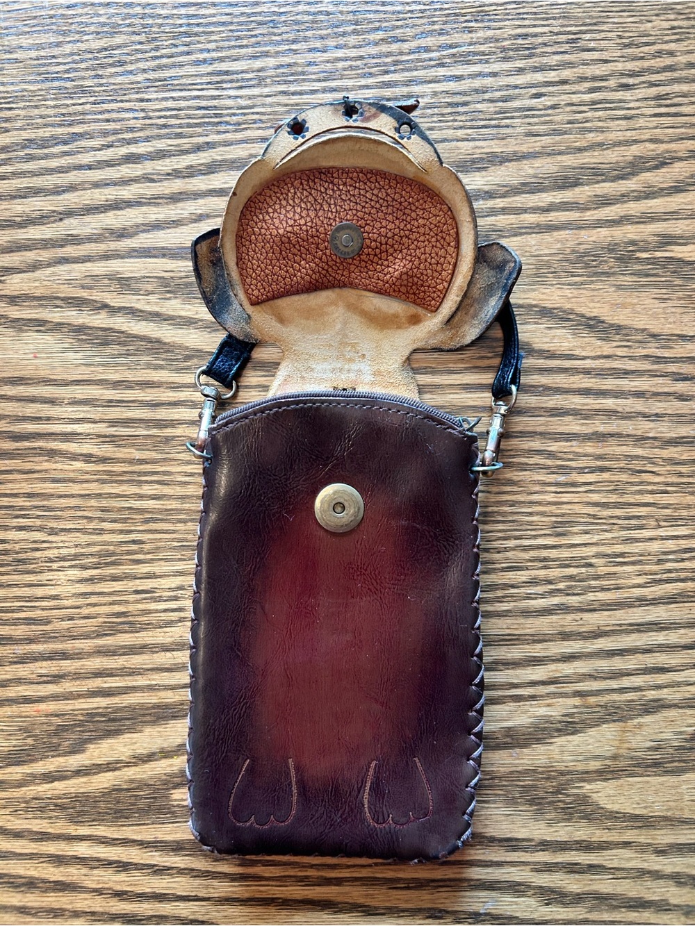 Pug Dog Brown & Tan Leather Wallet Wristlet with Bone Charm - Picture 3 of 11
